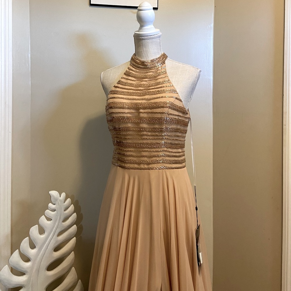 ALYCE PARIS Beaded Halter Top Cut Out Front Split Long Prom Dress Formal Size 8